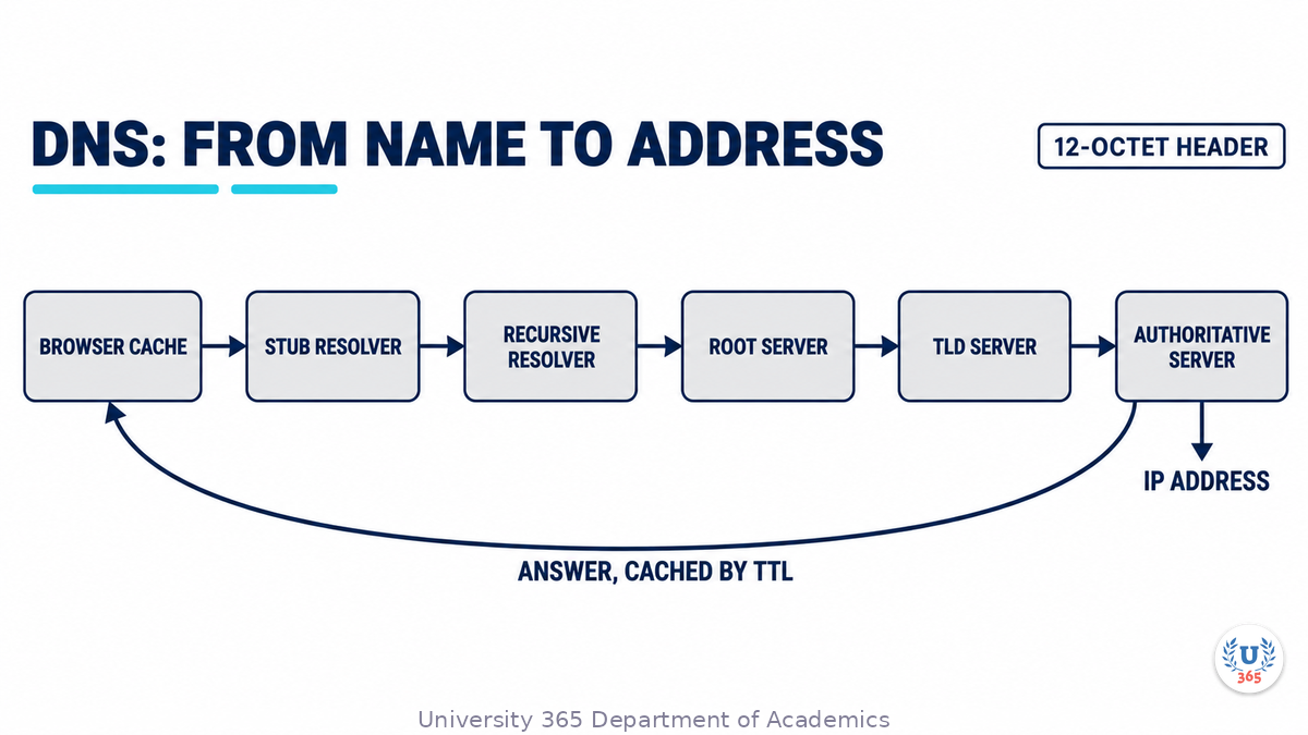 The lookup chain, with the cache points that can stop it early.