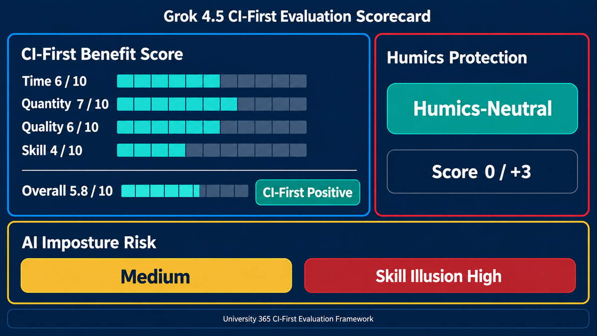 Grok 4.5 CI-First rating scorecard: Time 6, Quantity 7, Quality 6, Skill 4, Overall 5.8/10 with Humics-Neutral badge and Medium Imposture Risk