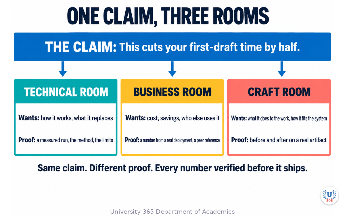 One claim mapped into three versions for a technical, business and craft audience, each with the proof that audience accepts