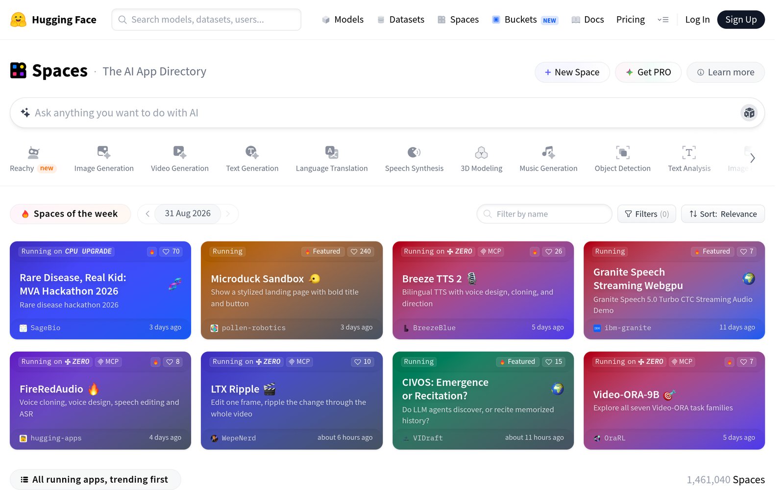 Screenshot of the Hugging Face Spaces directory (August 2026), showing the AI app catalog with trending community demos for text, image, video, and speech tasks. Illustrates Section 5, Getting Started with Hugging Face.