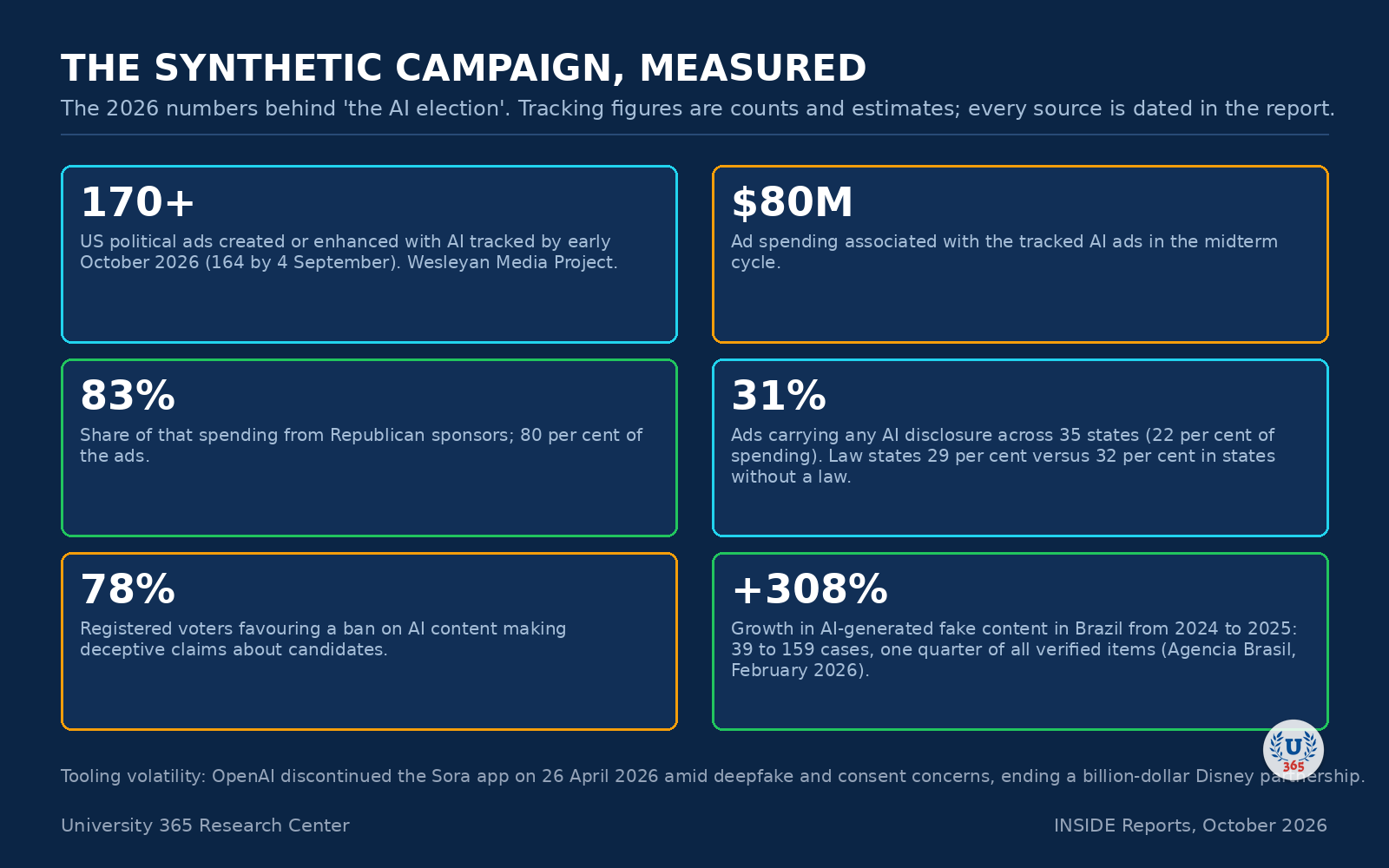 The synthetic campaign in six figures: ads tracked, spending, partisan split, disclosure rate, voter opinion and growth in Brazil.
