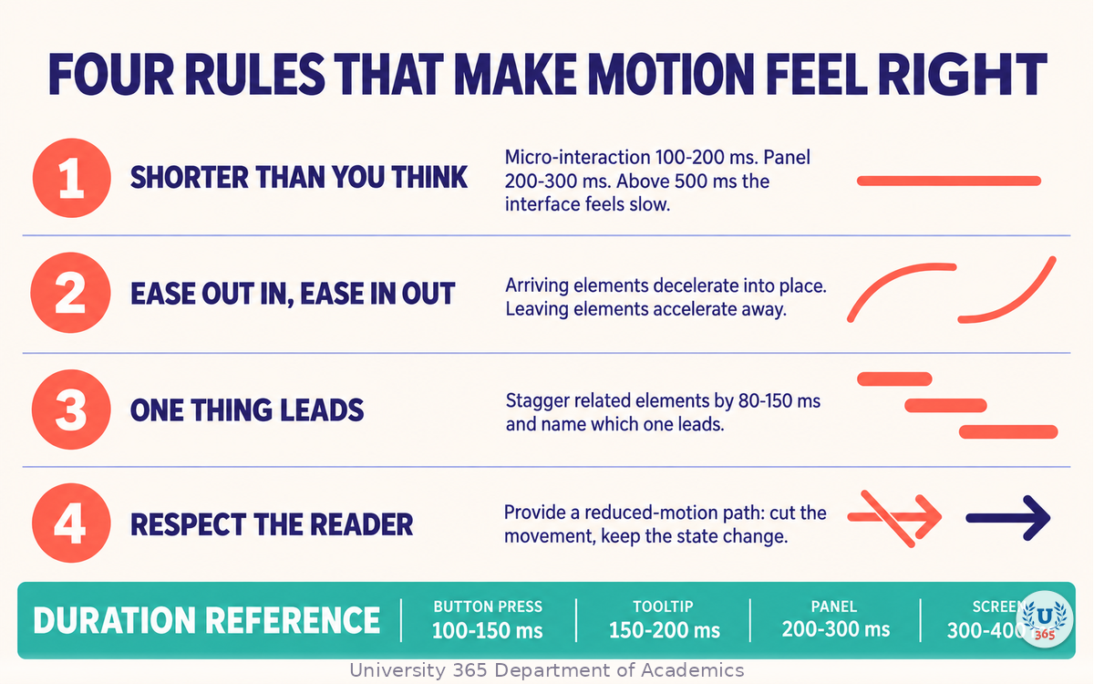 Four motion rules with duration ranges, easing direction, stagger values, and the reduced-motion requirement