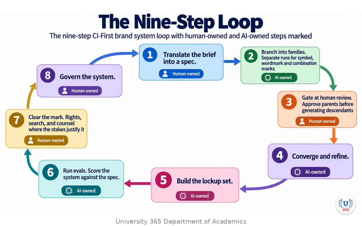 The nine-step CI-First brand system loop with human-owned and AI-owned steps marked