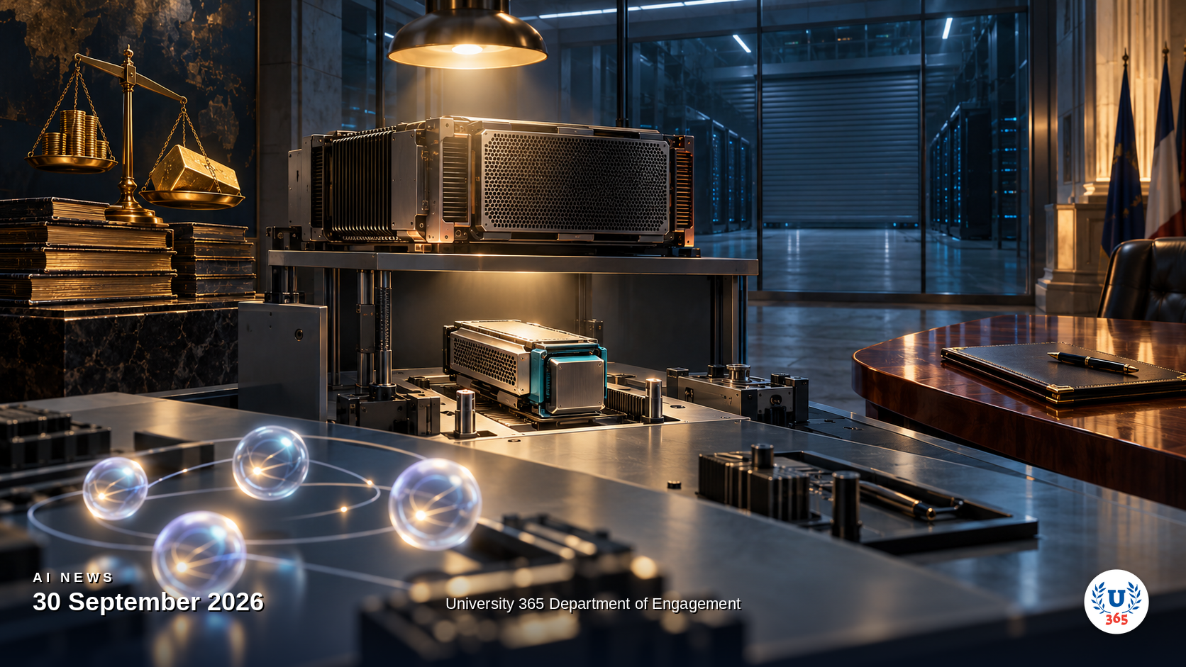 Editorial illustration of a compact new model cartridge being slotted into a lab bench beside a sealed and idle training hall, a stack of capital ledgers and a White House signing table, representing a cheaper frontier model release, capital at scale and a new voluntary AI accord