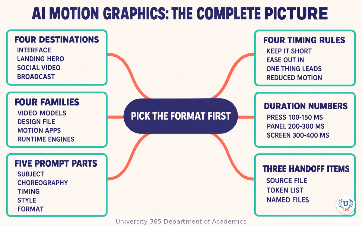 Complete mindmap of motion formats, tool families, timing rules, and handoff
