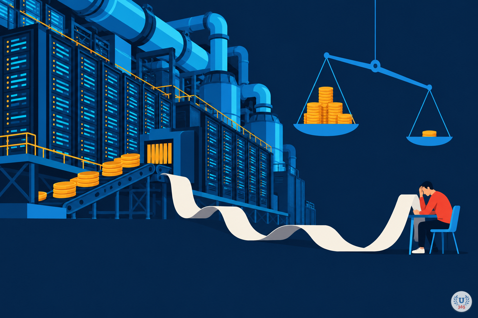 Illustration: the bill arrives. The infrastructure is paid for today; the revenue that justifies it arrives later.