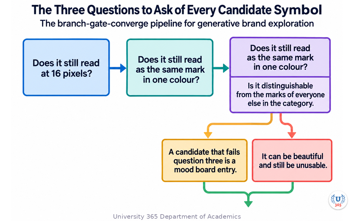 The branch-gate-converge pipeline for generative brand exploration