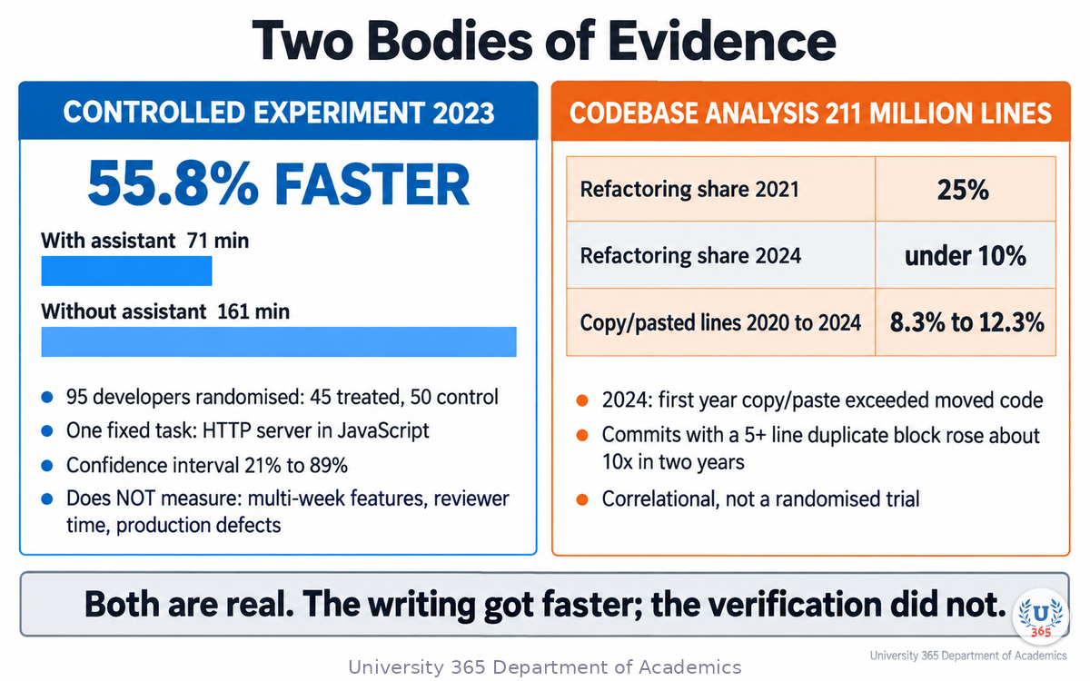 Two bodies of evidence side by side, the 2023 controlled experiment and the codebase analysis of 211 million changed lines
