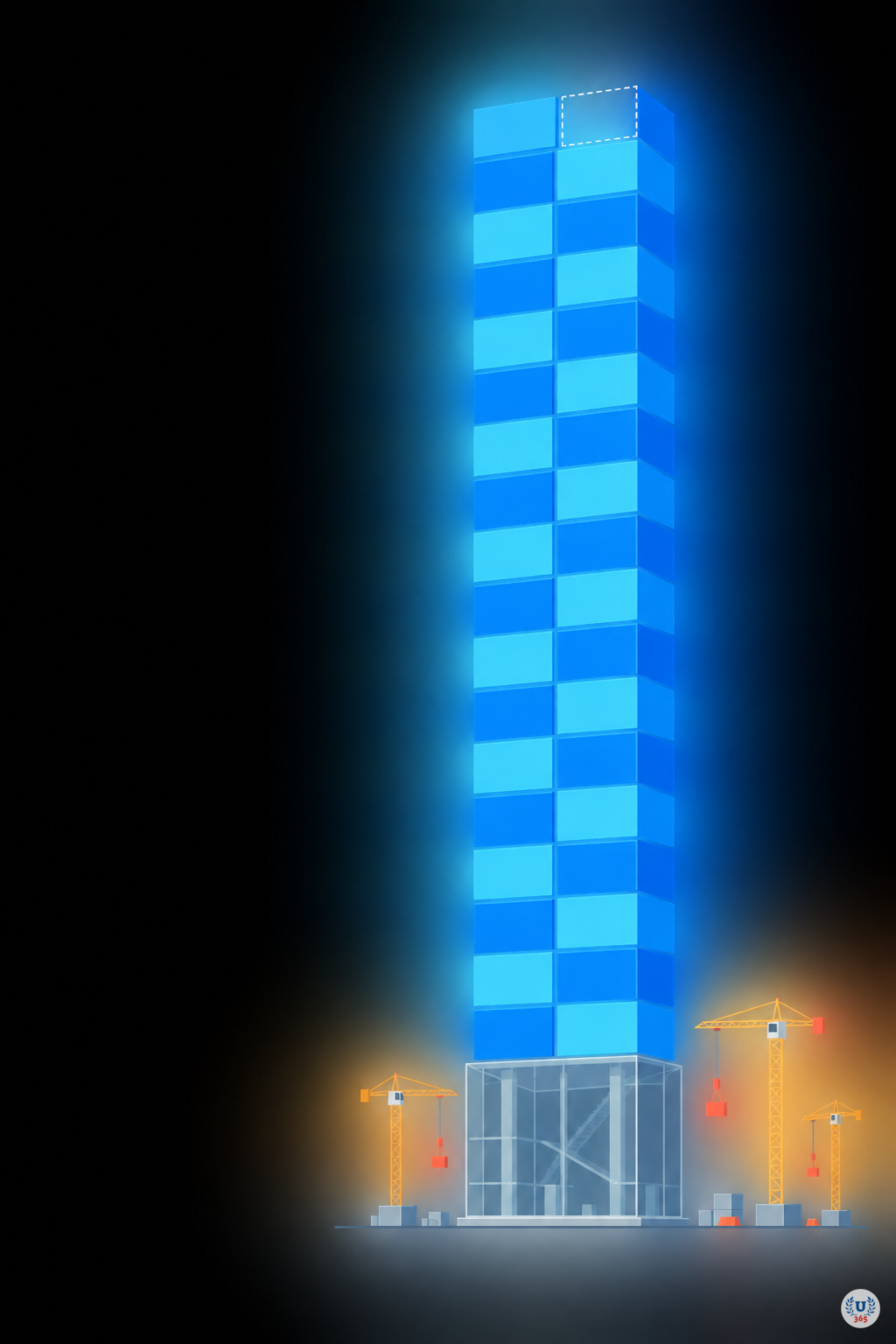 Illustration: a solid tower of blocks standing on a translucent base, with one missing block in the top row.
