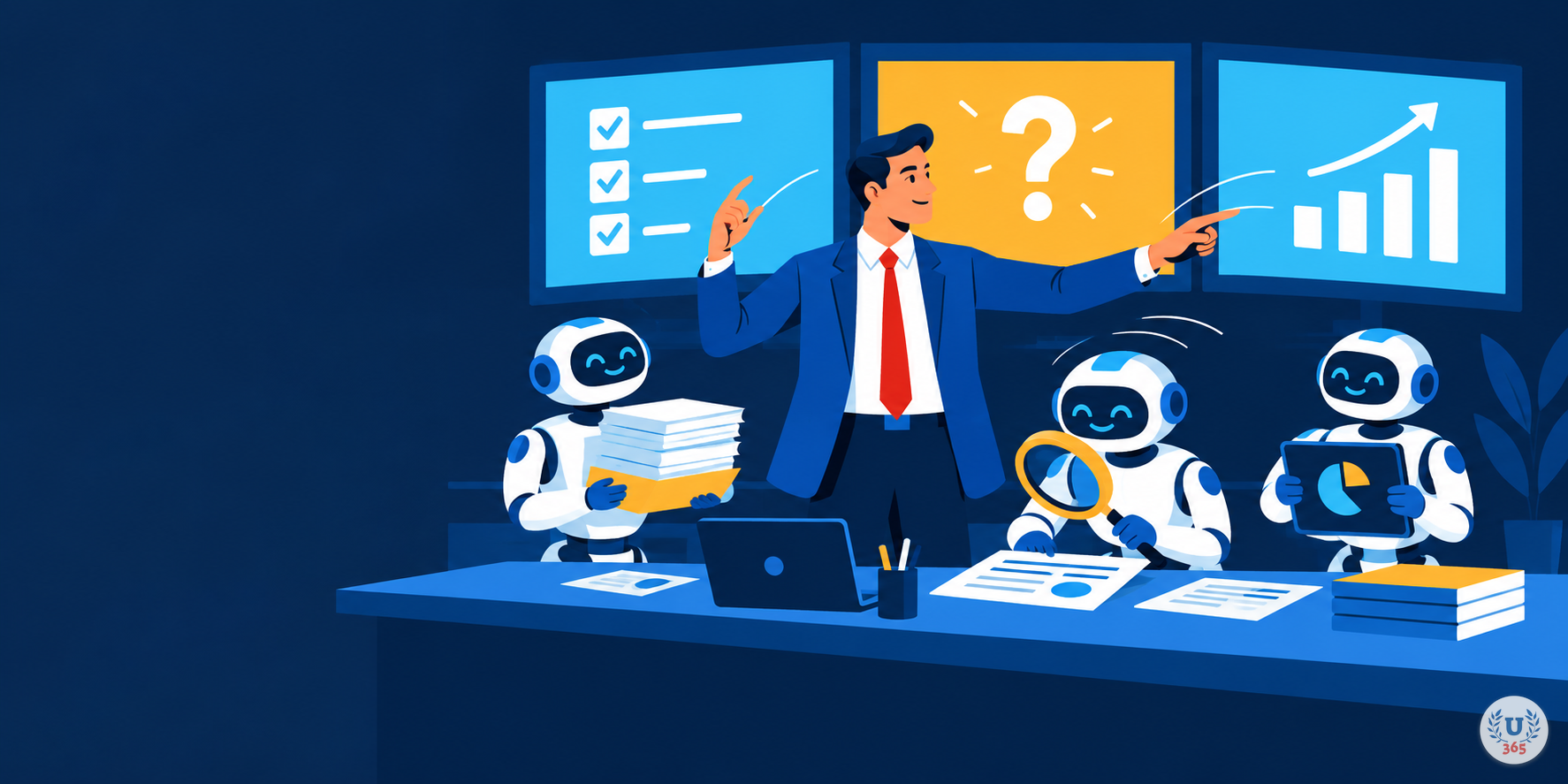 Illustration: the human as orchestrator. AI carries the material; the person sets the direction and checks the work.