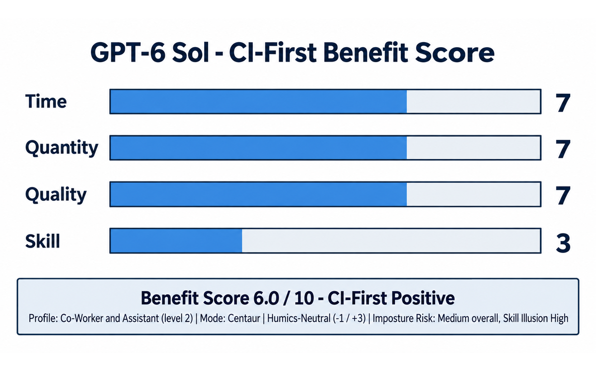 Scorecard chart showing the four CI-First sub-scores for GPT-6 Sol: Time 7, Quantity 7, Quality 7, Skill 3, for a benefit score of 6.0 out of 10, the Co-Worker and Assistant profile at level 2, Centaur mode, Humics-Neutral at minus 1 of plus 3, and Medium overall imposture risk with Skill Illusion High