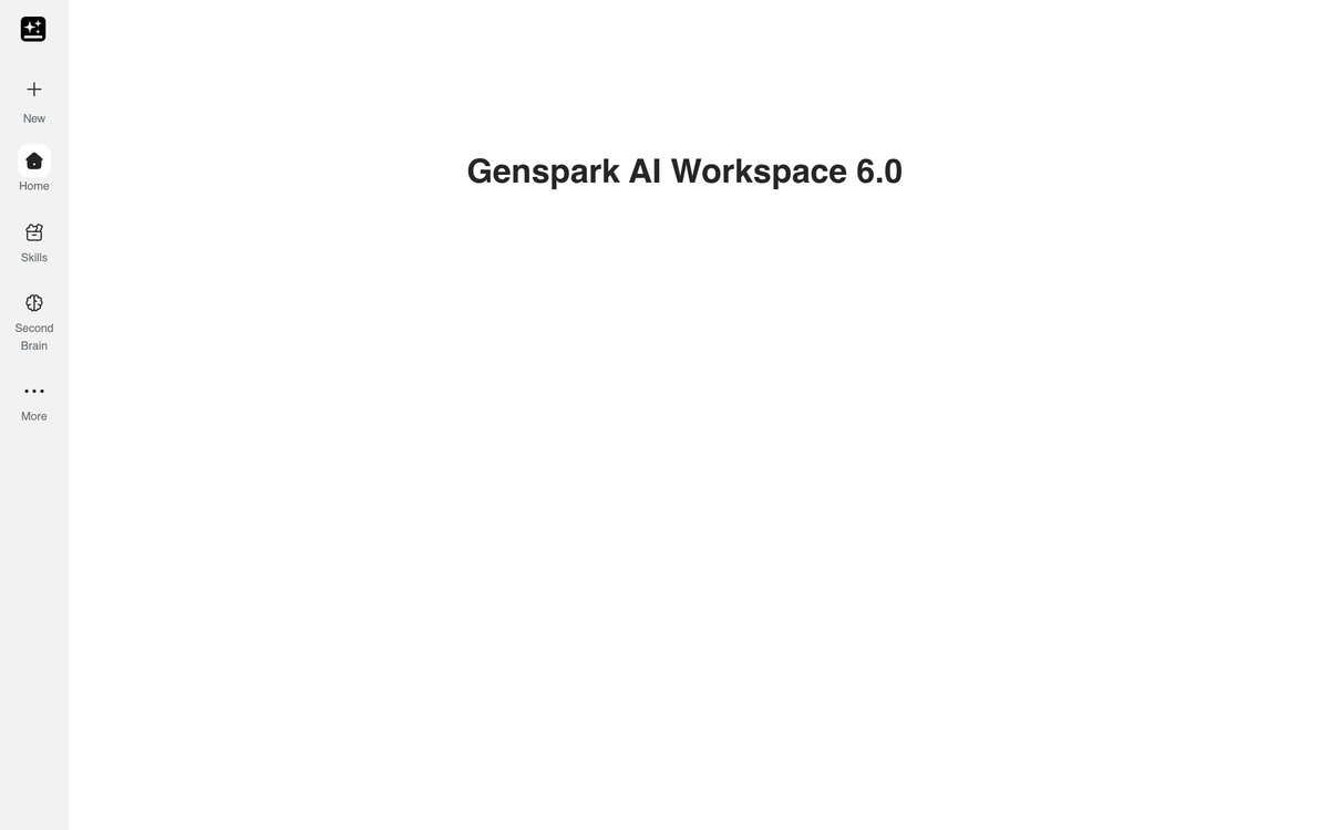 A screenshot of the Genspark AI Workspace home surface, showing the workspace navigation and the Workspace 6.0 heading