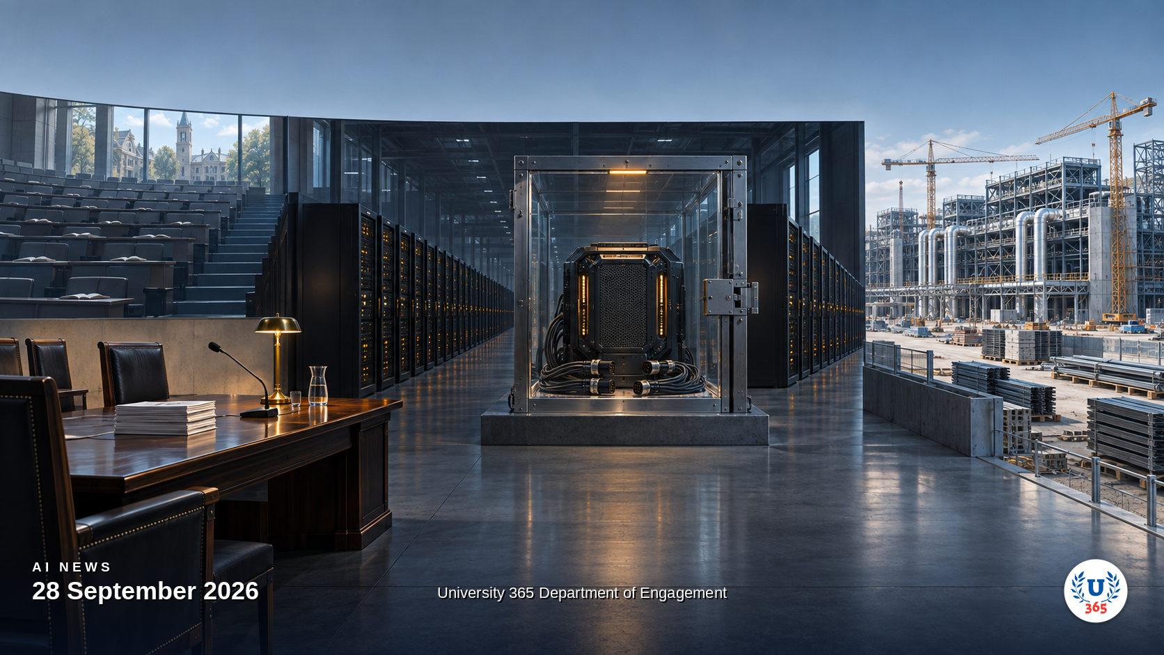 Editorial illustration of a halted machine learning training floor with a locked-out agent node, a hearing room table with documents and a rising data centre under construction, representing a paused frontier training run, an Australian agent inquiry and record AI infrastructure spending
