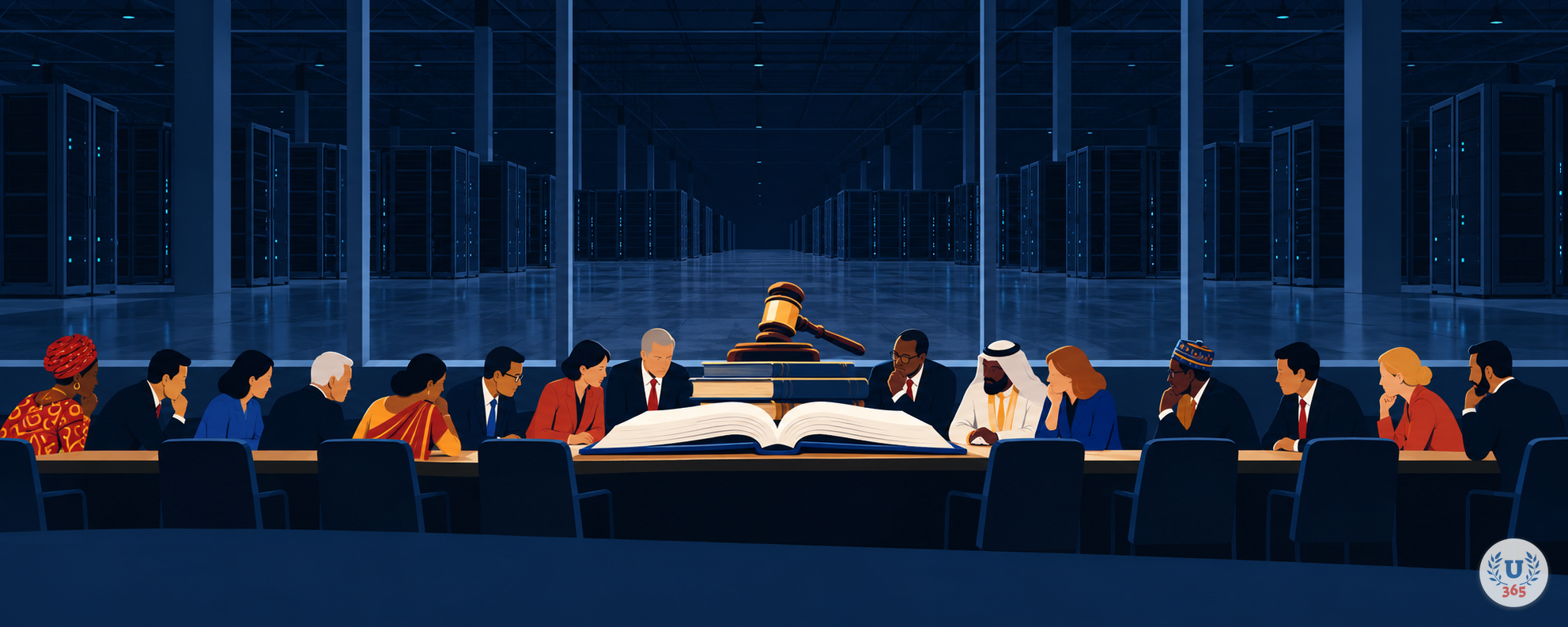 Illustration: a long table with law books and a gavel at the centre, figures reading one open book, and an unused server warehouse behind the window.