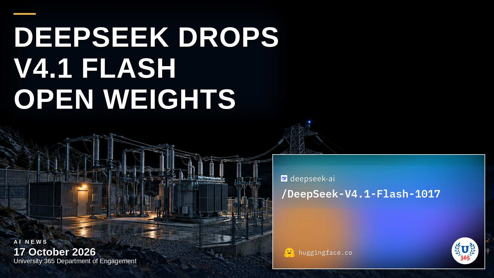 Editorial night illustration of a hillside electrical distribution substation: a lattice transmission tower and transformer bank route power down into a dark valley, one amber service lamp lit on a steel cabinet, standing for DeepSeek's open-weight V4.1 Flash release moving capable models into many local hands