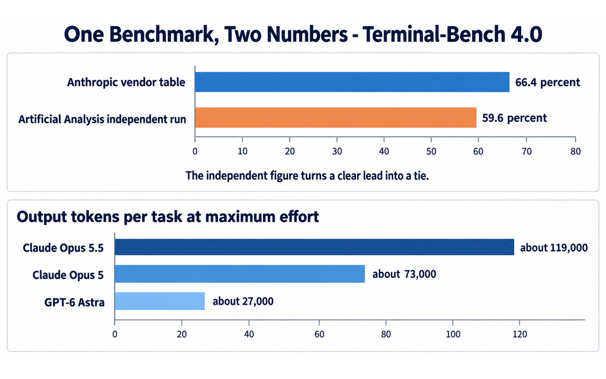 Chart comparing the Anthropic vendor figure of 66.4 percent and the Artificial Analysis independent figure of 59.6 percent on Terminal-Bench 4.0, with output tokens per task at maximum effort: about 119,000 for Claude Opus 5.5, 73,000 for Claude Opus 5, and 27,000 for GPT-6 Astra