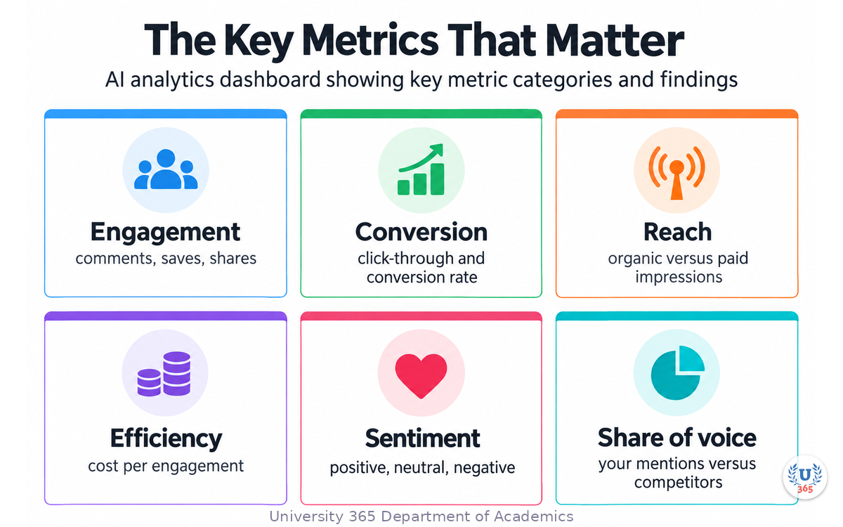 AI analytics dashboard showing key metric categories and findings