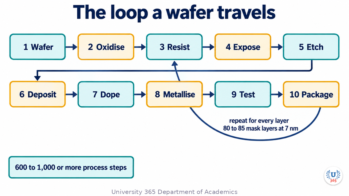 Numbered chain from wafer to package: 1 wafer, 2 oxidise, 3 resist, 4 expose, 5 etch, 6 deposit, 7 dope, 8 metallise, 9 test, 10 package. A return arrow marks the loop that repeats for each layer, labelled 80 to 85 mask layers at 7 nm and 600 to 1,000 or more process steps.