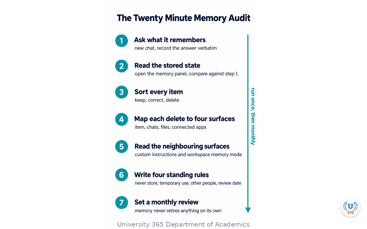 The seven-step, twenty-minute memory audit, from asking the assistant directly to setting a monthly review