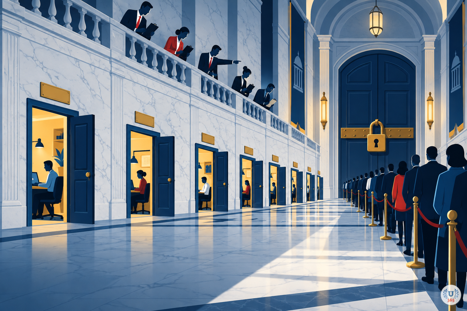 Illustration: a marble corridor of open doors with workers inside, a queue at one large locked door, and supervisors on a mezzanine watching without a key.