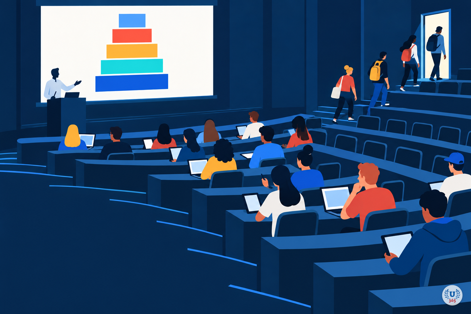 Illustration: a lecture hall where students rise and leave through a side door while the class continues.