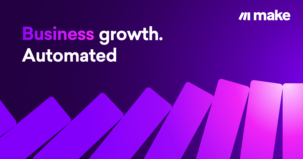 The vendor's own open-graph artwork for Make, carrying its headline "Business growth. Automated" over a purple gradient with rows of slanted blocks