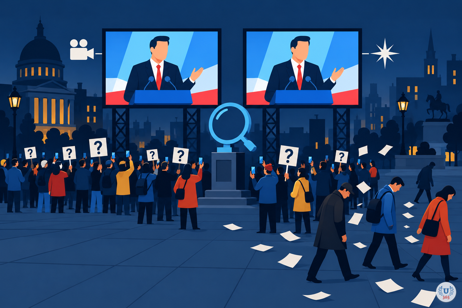 Illustration: two identical screens show the same speaker while a crowd holding smartphones turns away in doubt.