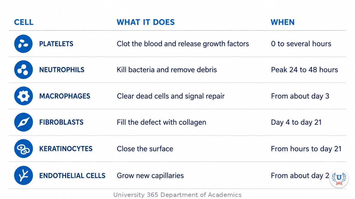 A labelled table of wound healing cells: platelets clotting and signalling in the first minutes, neutrophils clearing bacteria and debris from hours to two to five days, macrophages arriving around day three to remove spent cells and signal repair, fibroblasts filling the defect with collagen during proliferation, keratinocytes closing the surface from the wound edges, and endothelial cells growing new capillaries from about day two.
