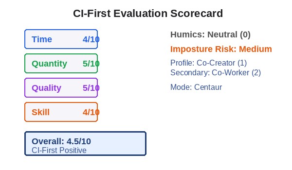 CI-First Evaluation Scorecard for Genmo Mochi 1 showing sub-scores: Time 4/10, Quantity 5/10, Quality 5/10, Skill 4/10, Overall 4.5/10 CI-First Positive. Humics: Neutral, Imposture Risk: Medium. Illustrates Section 8 (U365 Co-Intelligence Rating).