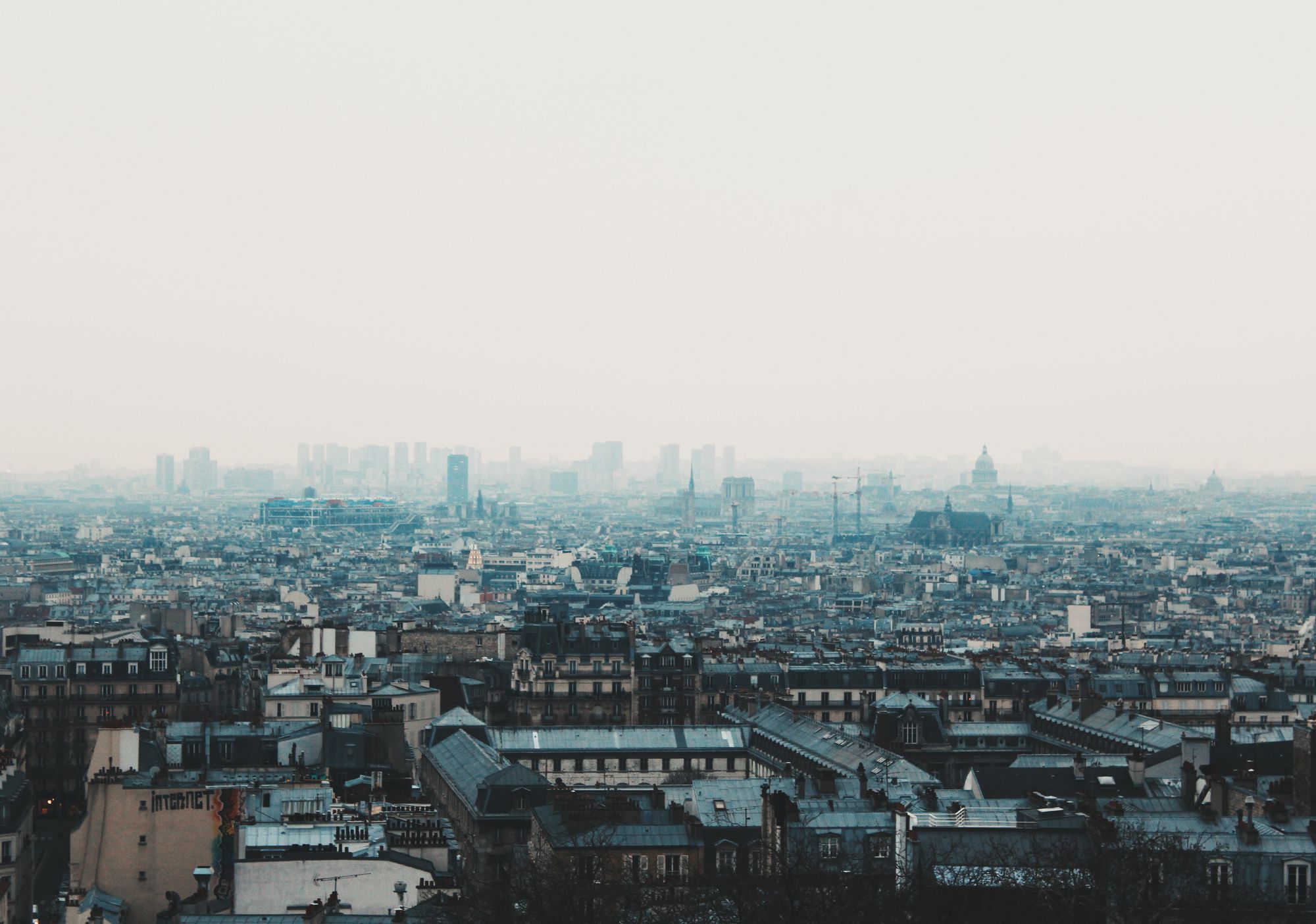 Aerial view of Paris at twilight.