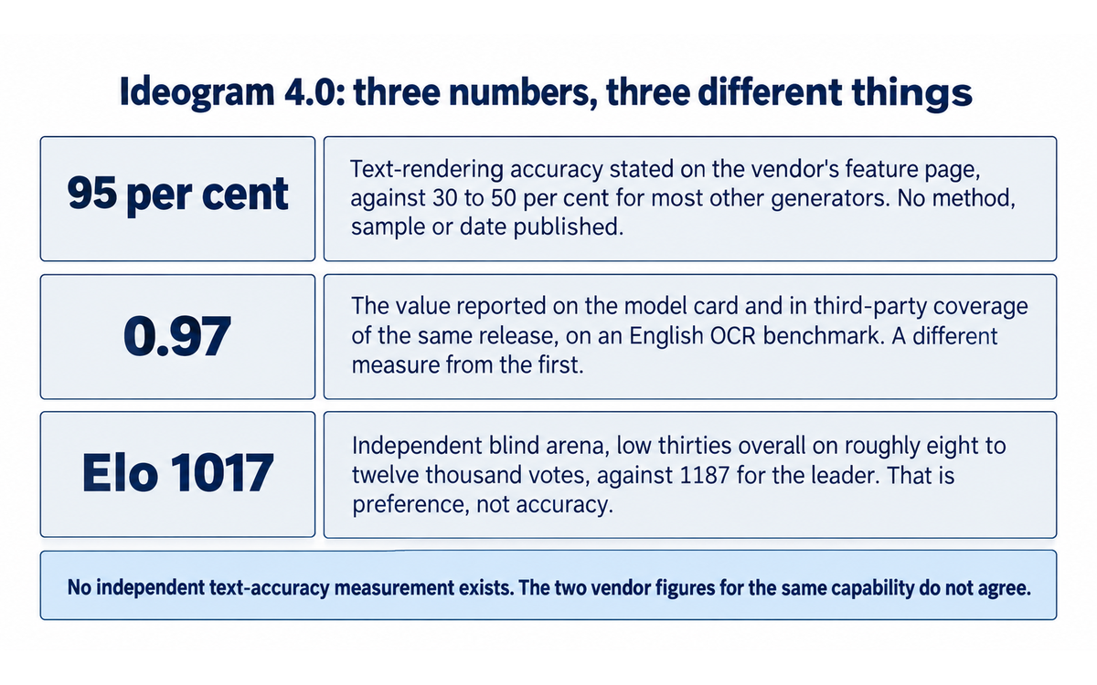 Ideogram 4.0: the three text-rendering numbers, 95 per cent, 0.97 and Elo 1017, and why they measure three different things, illustrating the Faculty Note on Evidence Quality