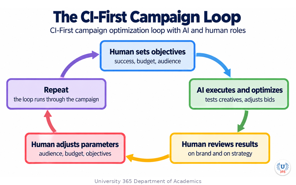 CI-First campaign optimization loop with AI and human roles