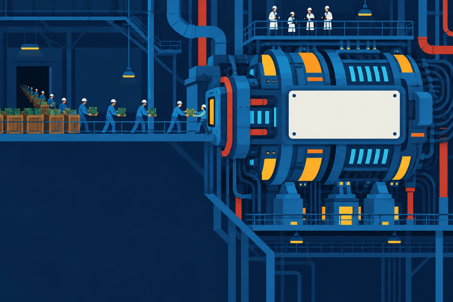 Illustration: a sealed engine block fed by hand with circuit boards carried up a corridor from crates, watched from a railing above.