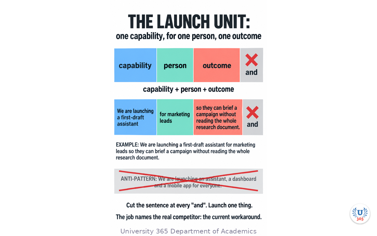 The launch unit sentence broken into four parts, with a filled example and the anti-pattern ("and" sentence) shown crossed out
