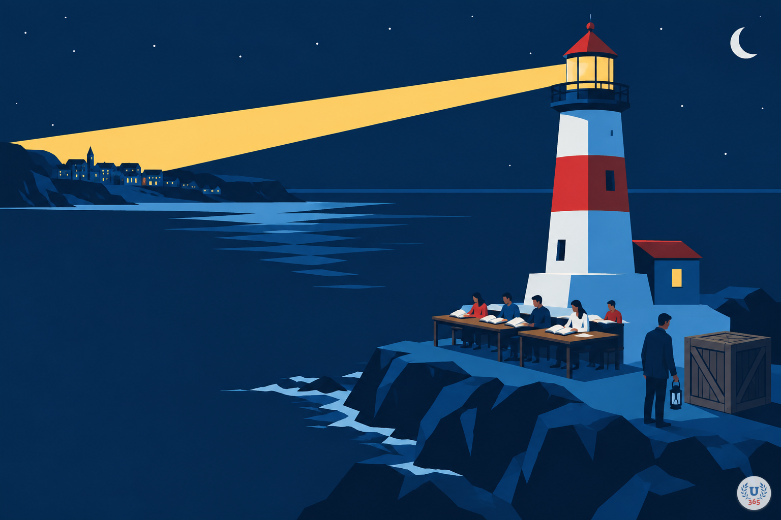 Illustration: a lighthouse on a rocky shore casting its beam across the water, with readers at desks below and one figure holding an unlit lamp beside a sealed crate.