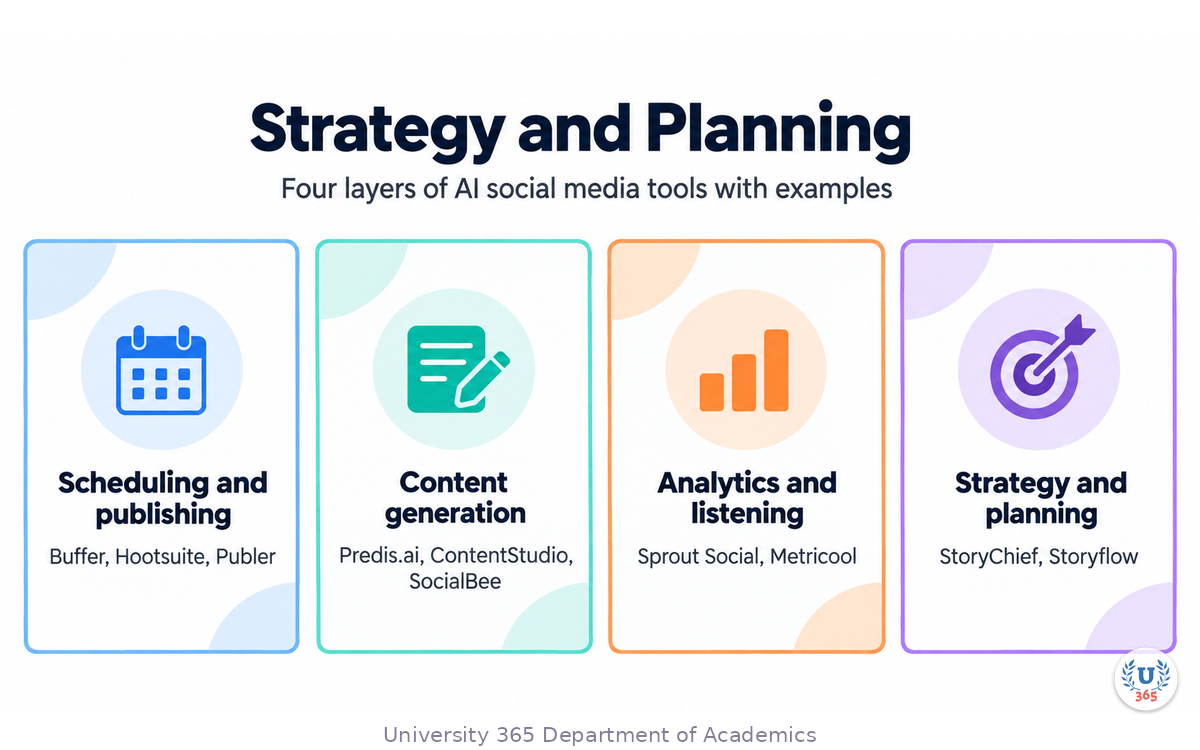 Four layers of AI social media tools with examples