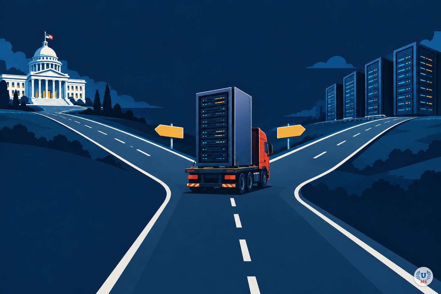 Illustration: a truck carrying a computer cabinet at a road fork, one road leading to a government building and the other to server towers.