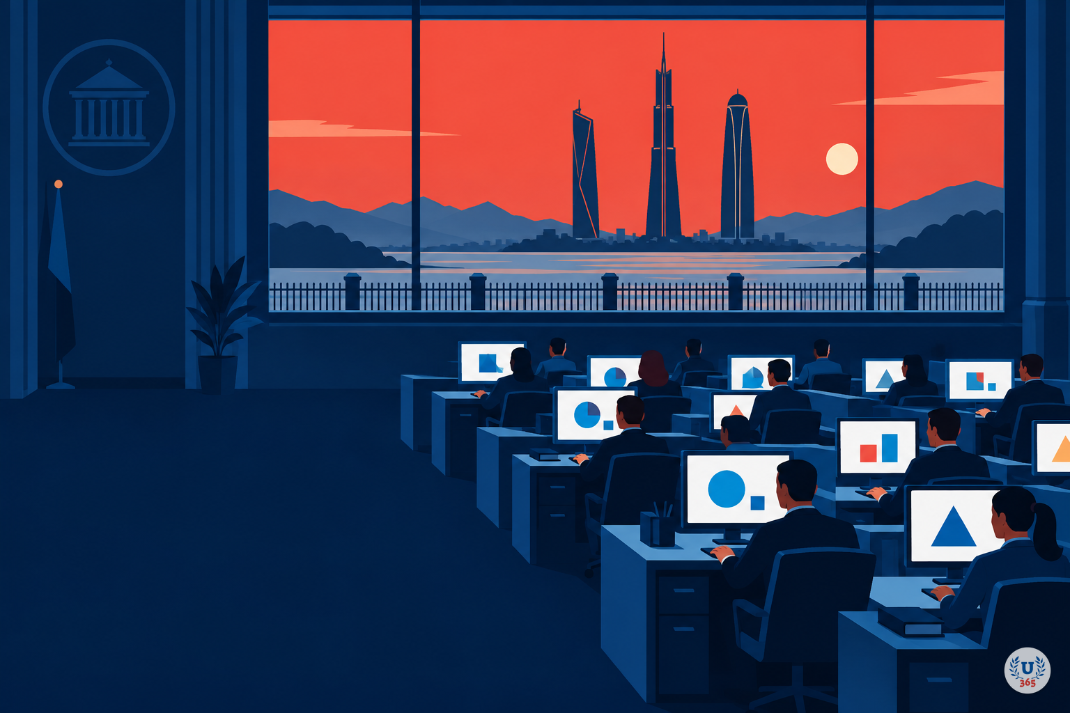 Illustration: a government office with figures at glowing screens, and a window showing three foreign towers beyond a fence.