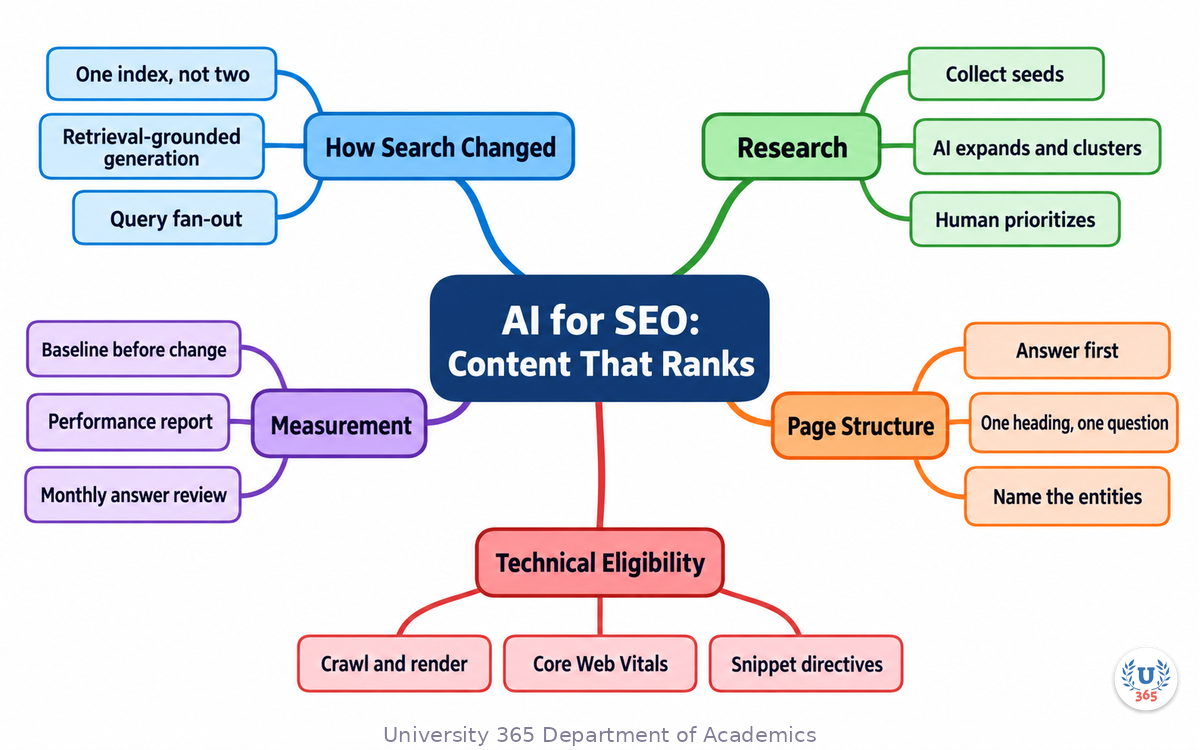 Complete mindmap of AI-era SEO from research to measurement