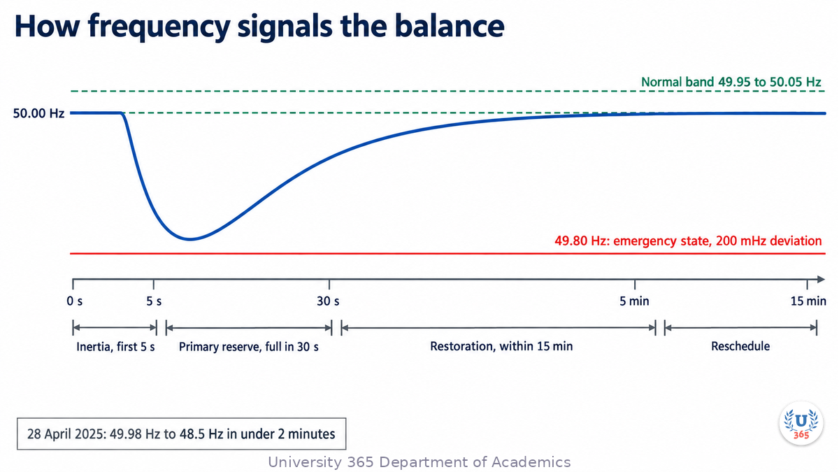 Frequency against time after a generator loss. The trace starts at 50.00 Hz, falls through a normal band of 49.95 to 50.05 Hz, is arrested by inertia in the first five seconds, then by primary reserve, which must deliver full capacity within 30 seconds at a 200 mHz deviation. Restoration returns frequency to nominal within 15 minutes. A red line at 49.80 Hz marks the emergency state. A box records the Iberian case: 49.98 Hz to 48.5 Hz in under two minutes.