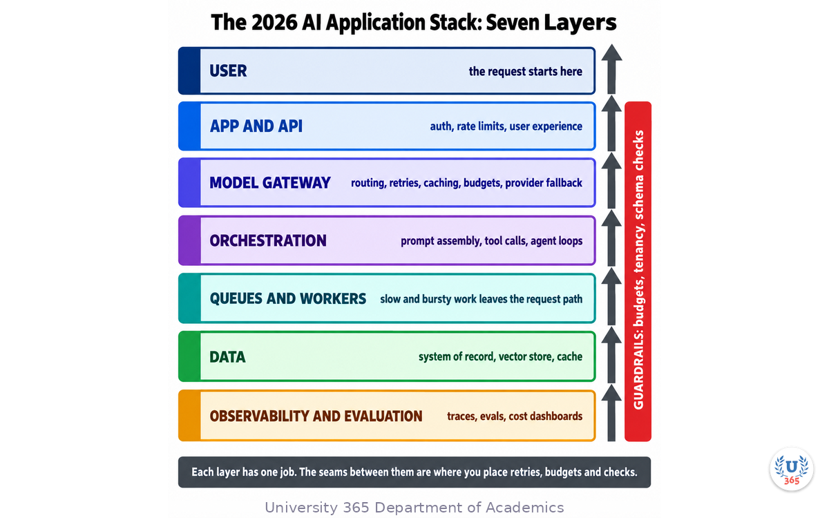 The seven layers of the 2026 AI application stack, with guardrails spanning every layer and the role of each layer