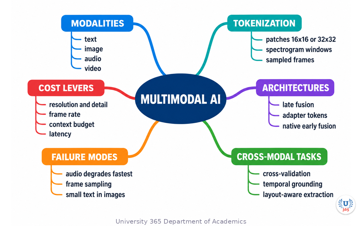 Complete mindmap of multimodal AI: modalities, fusion architectures, tokenization, cross-modal tasks, failure modes and engineering constraints