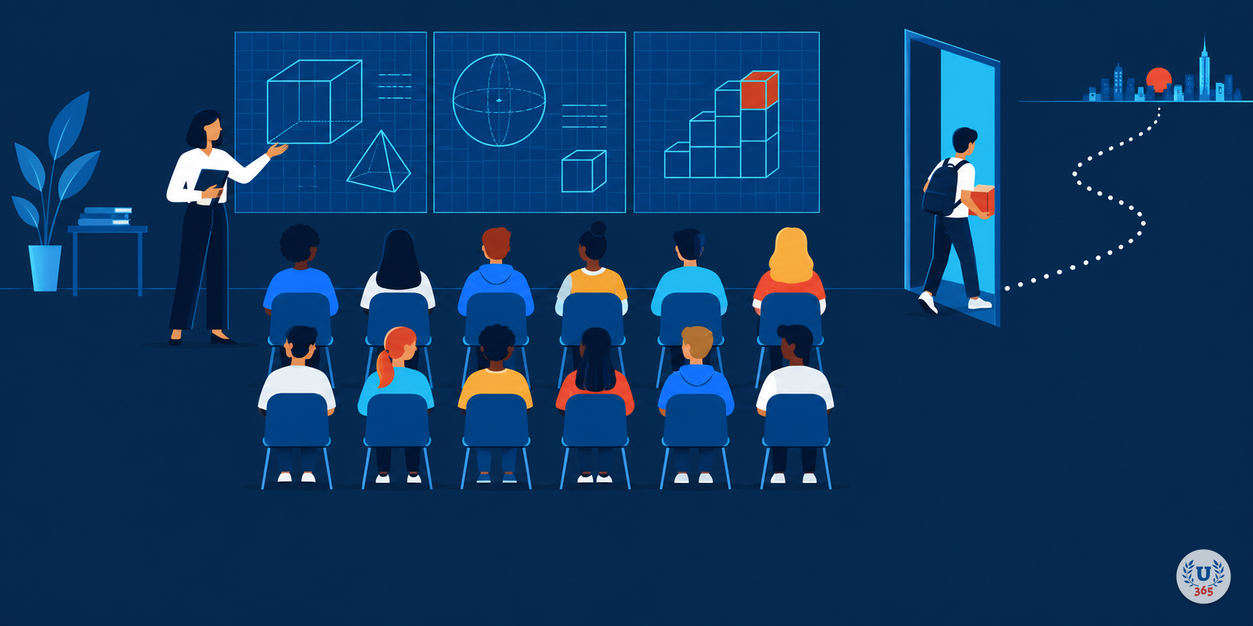 Illustration: a classroom where one student leaves through a door toward a distant skyline.