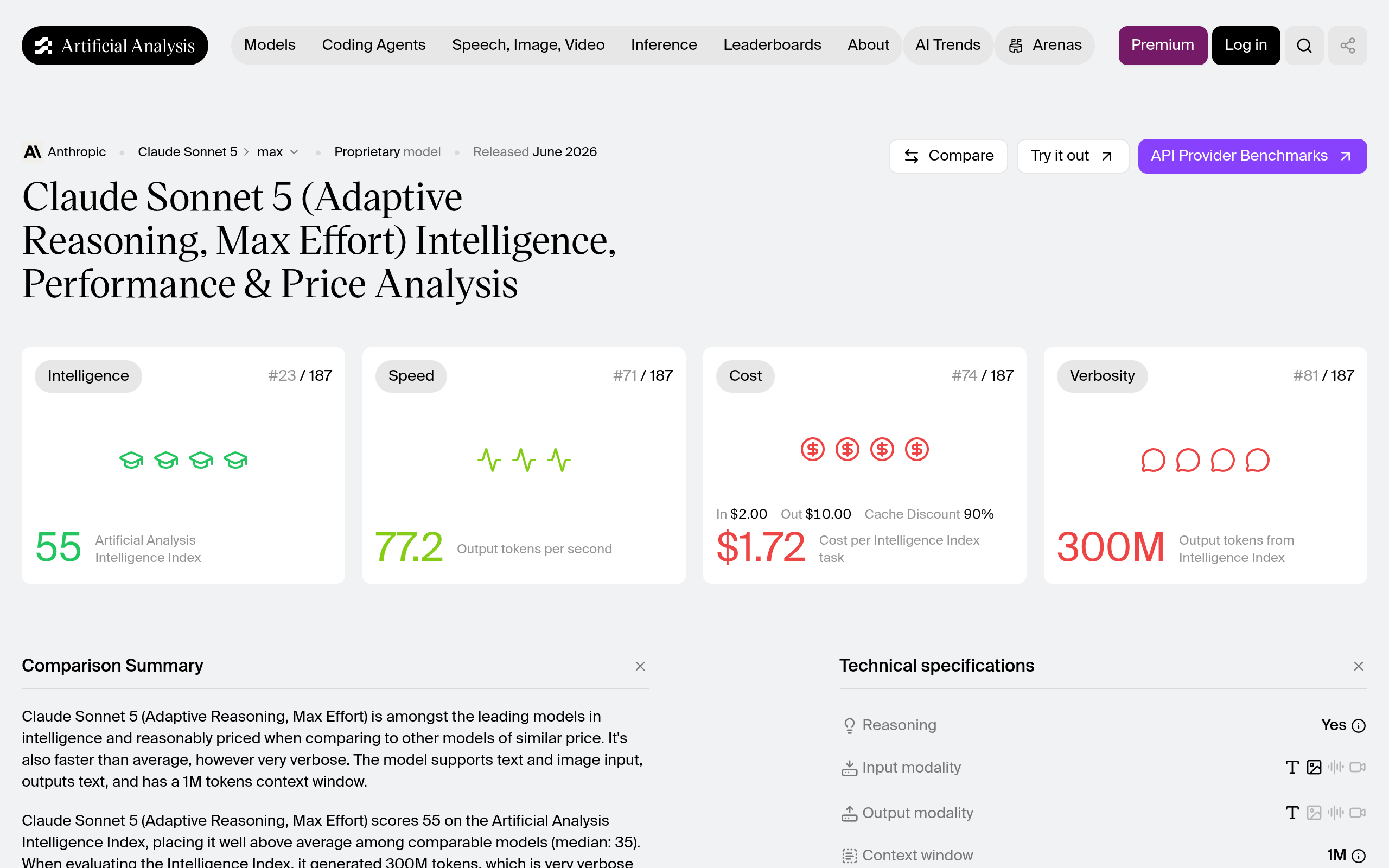 Artificial Analysis benchmark page for Claude Sonnet 5