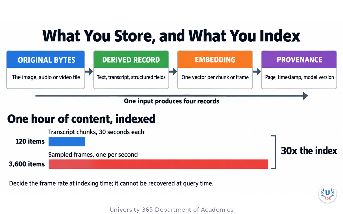 The four things a multimodal store holds, and the index size for one hour of content as transcript chunks against sampled frames