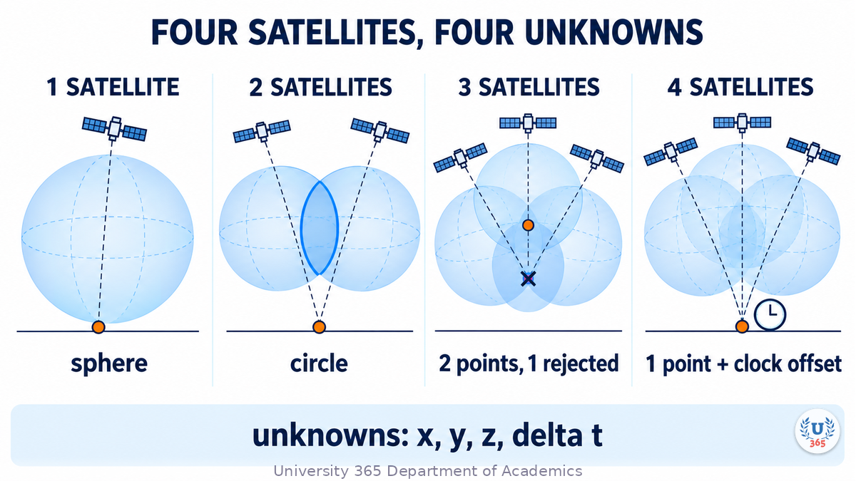 Diagram of four satellites above a receiver. Each satellite defines a sphere whose radius is the measured range. Three spheres intersect at two points, one discarded. The fourth sphere resolves the receiver clock bias, delta t, so the unknowns are x, y, z and the offset. A fifth satellite over-determines the fix and allows an integrity check.