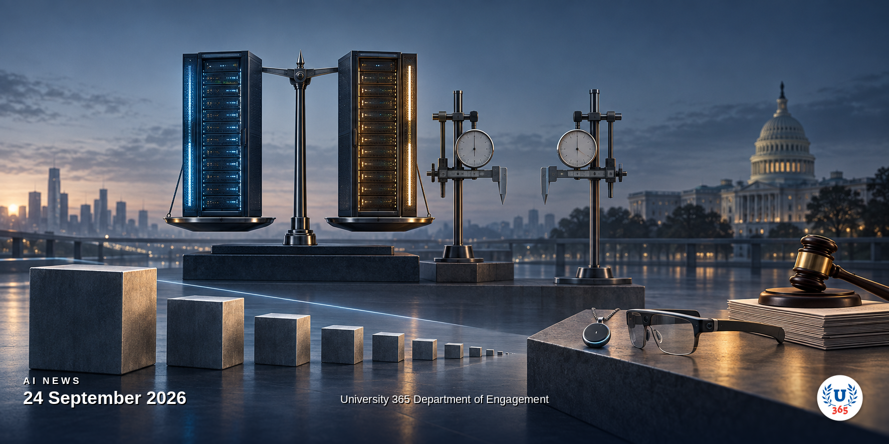 Two matched model monoliths balanced on a shared scale beside a descending row of machined blocks, with a wearable pendant and glasses on a stand and a gavel on a low bench, representing cheaper frontier tiers, agent hardware and tightening AI rules
