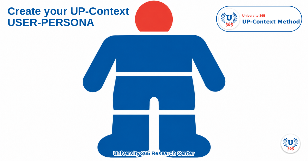 Hero illustration for the UP-Context USER-PERSONA landing page: a human figure assembled from four separate parts, standing for a persona built from separate layers.