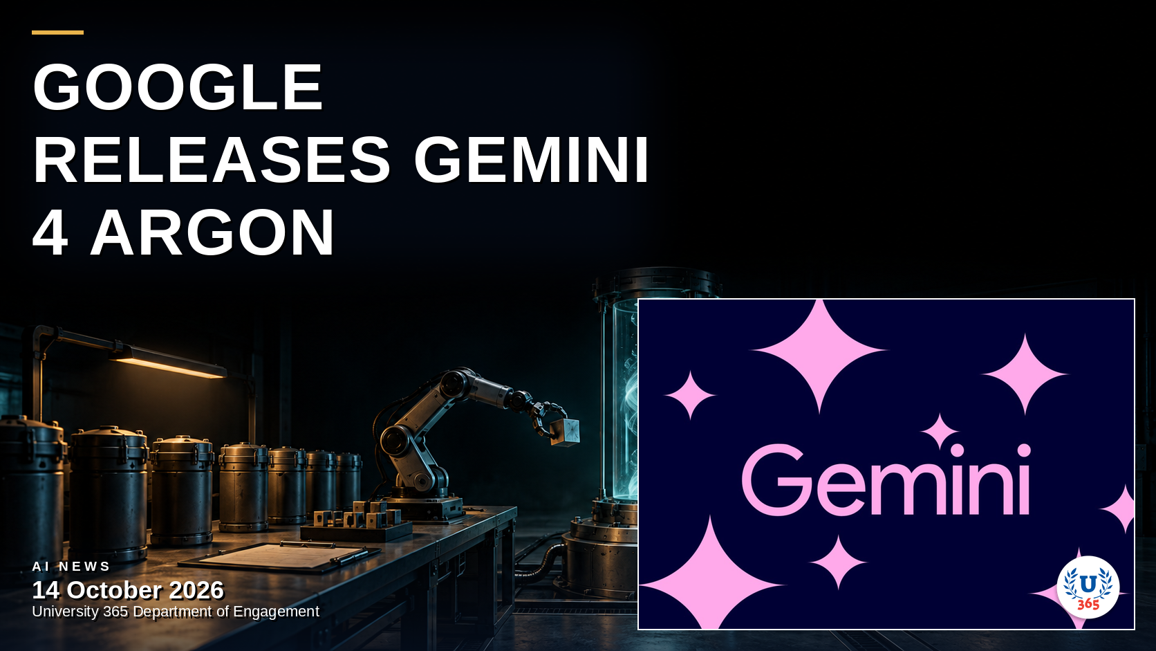 Editorial illustration of a dim robotics laboratory where a tall glass model column glows with cool light on a heavy steel base, a slim robotic arm reaches toward it holding a calibration cube, sealed data canisters wait under a narrow inspection lamp along the bench, and a closed vault door with a card reader sits low at the right, standing for Google's Gemini 4 Argon release reaching paying users and robotics on the same day