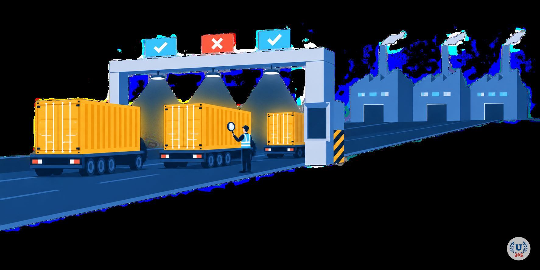 Illustration: containers passing a checkpoint where an inspector examines each one, under panels showing pass and fail marks.